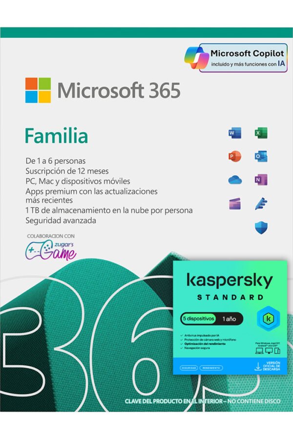 Microsoft 365 Familiar Suscripcion 12 Meses + Kaspersky Standard 5 Dispositivos