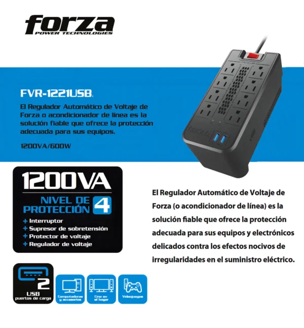 Regulador De Voltaje Automático Forza FVR-1221USB - 600W