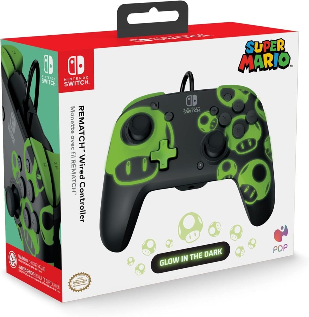 Control Alambrico Pdp Para Nintendo - 1-UP Glow in the Dark Toad